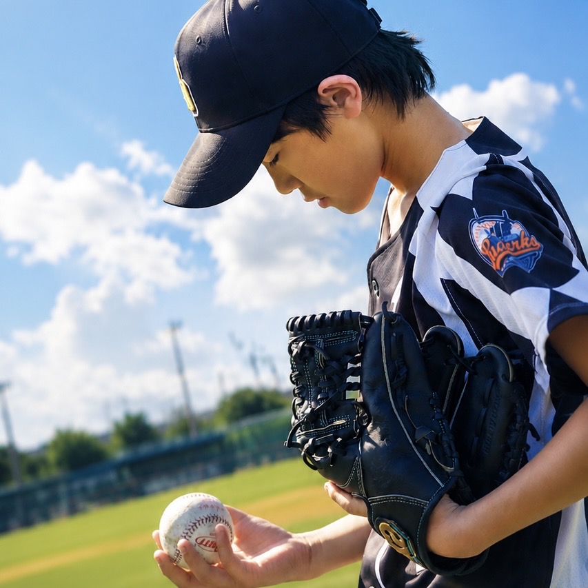 Notebook, camera and baseball arranged in a modern studio still life